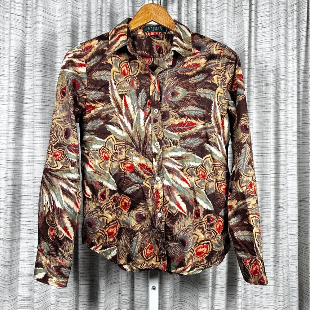Lauren Ralph Lauren‎ Petite PM Brown Peacock Feather Floral Cotton Button Up EUC - Picture 2 of 7
